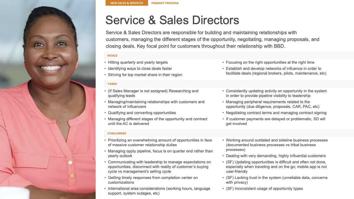 Service and Sales Director persona showing goals, tasks and challenges related to relationships, opportunities, proposals and contracts