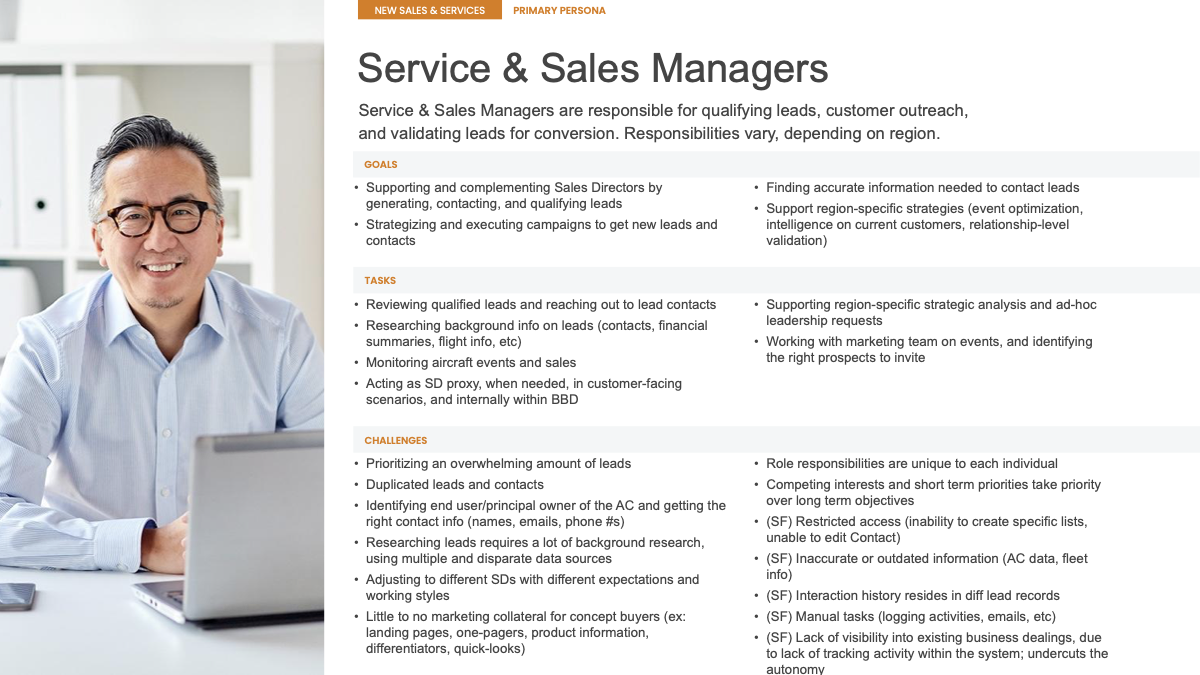 Service and Sales Manager persona showing goals, tasks and challenges related to lead qualification, outreach and customer context